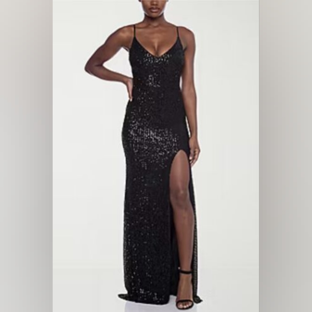 B. Smart Dazzling Black Fully Sequined Scoop Back Gown with High Front Slit Sz7